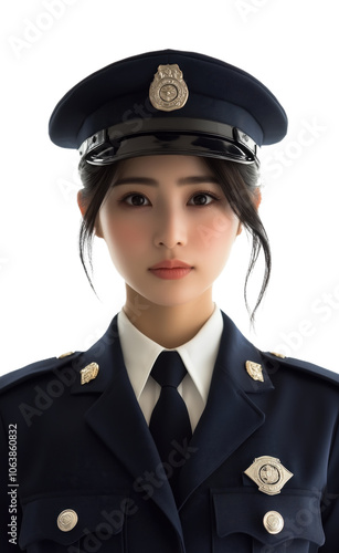 A confident police officer in uniform standing solemnly against a white backdrop showcasing duty