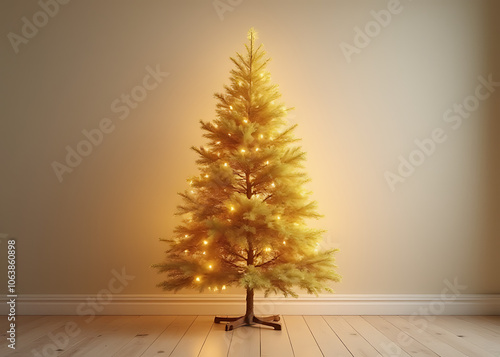 A lone golden Christmas tree stands tall in an empty room its branches reaching for the ceiling photo