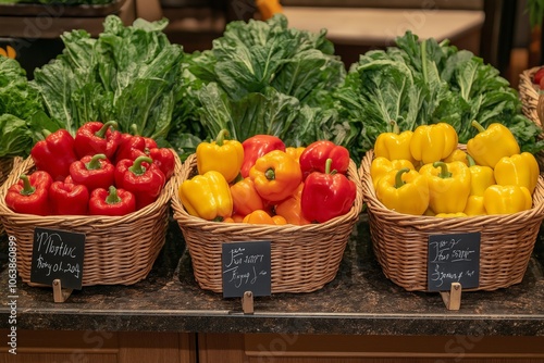 Wallpaper Mural Wicker baskets filled with vibrant red, yellow, and green bell peppers on a market counter Torontodigital.ca