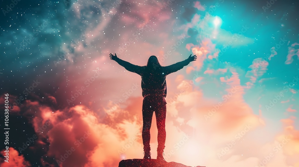 Silhouetted Figure with Outstretched Arms Amid Vibrant Sunset Landscape