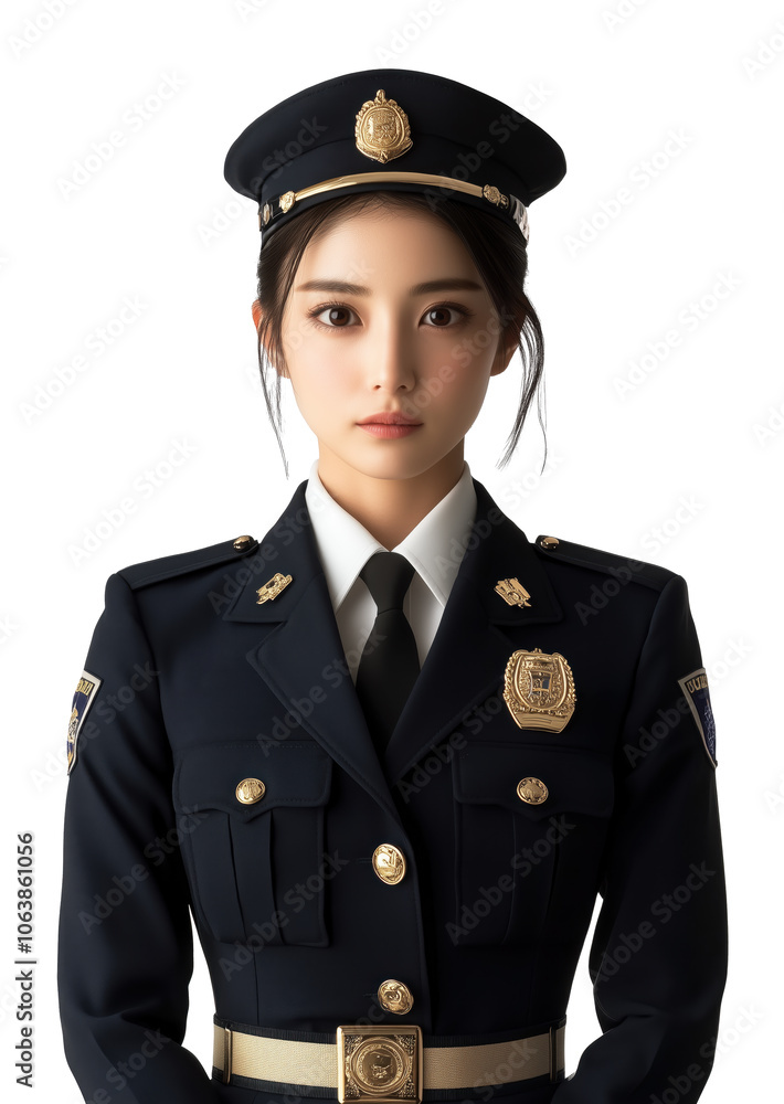 A confident young woman in a crisp police uniform standing tall and proud against a white backdrop A confident young woman in a crisp police uniform standing tall and proud against a white backdrop