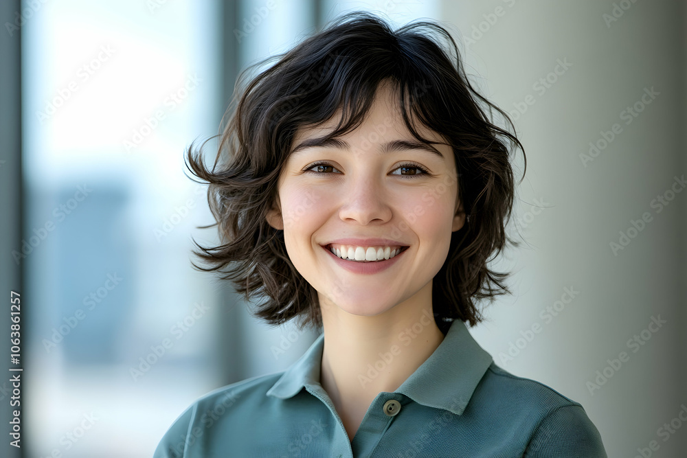 Portrait of a happy woman in her 30s in a polo shirt on a corporate office background. high quality image Portrait of a happy woman in her 30s in a polo shirt on a corporate office background. high quality image