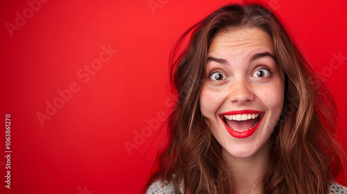 Photo of pretty cheerful lady in the left with empty space event information isolated on red color background