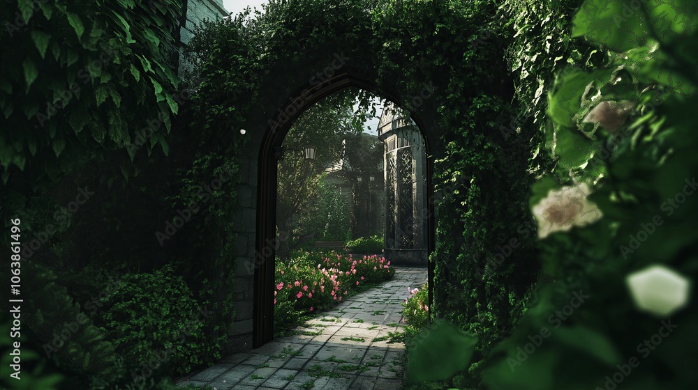 A romantic archway completely covered in climbing ivy, leading to a hidden garden A romantic archway completely covered in climbing ivy, leading to a hidden garden