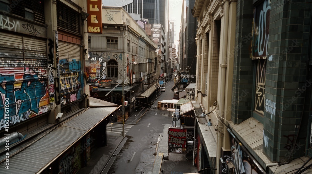 Fototapeta premium An urban alleyway adorned with vibrant graffiti and eclectic architecture, showcasing the raw, artistic soul of the city street life.