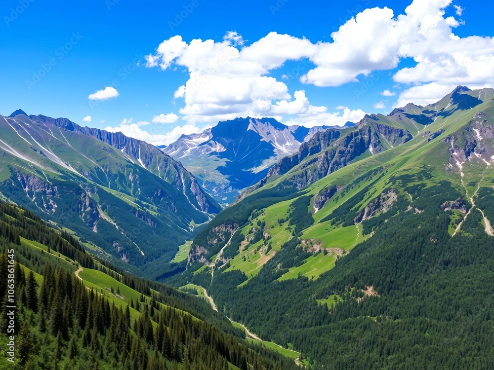 Obraz premium A majestic mountain range standing tall under a clear blue sky, showcasing rugged peaks and lush green valleys, landscape, range