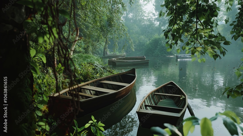 A serene riverside scene with wooden rowboats partially shrouded in morning fog. A serene riverside scene with wooden rowboats partially shrouded in morning fog.