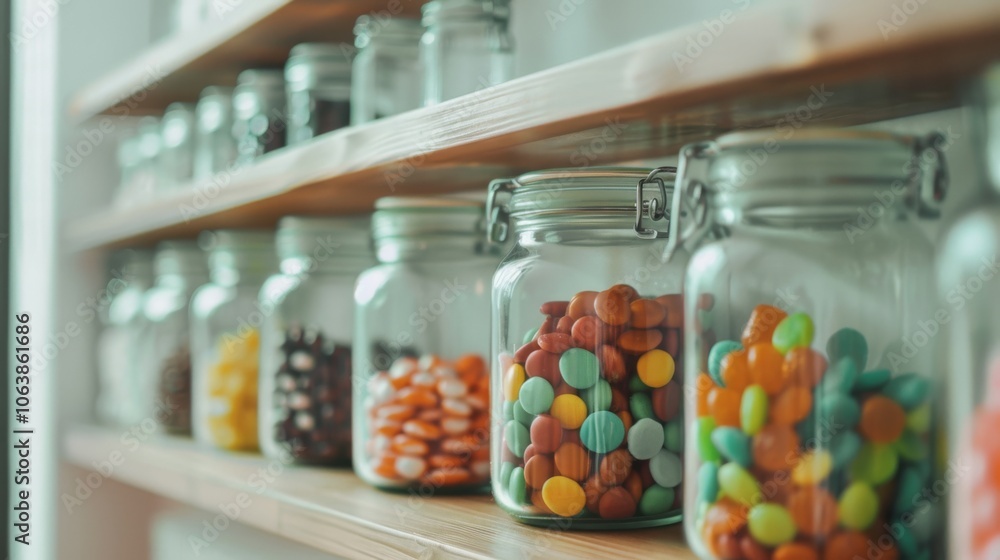 Close-up of glass jars filled with a variety of vibrant candies, capturing the allure of a sweet shop's sugary treasure trove. Close-up of glass jars filled with a variety of vibrant candies, capturing the allure of a sweet shop's sugary treasure trove.