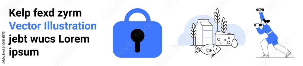Blue padlock symbolizing security, milk and cheese for food consumption, and a person with binoculars representing observation. Ideal for technology, food safety, research, security, business Blue padlock symbolizing security, milk and cheese for food consumption, and a person with binoculars representing observation. Ideal for technology, food safety, research, security, business