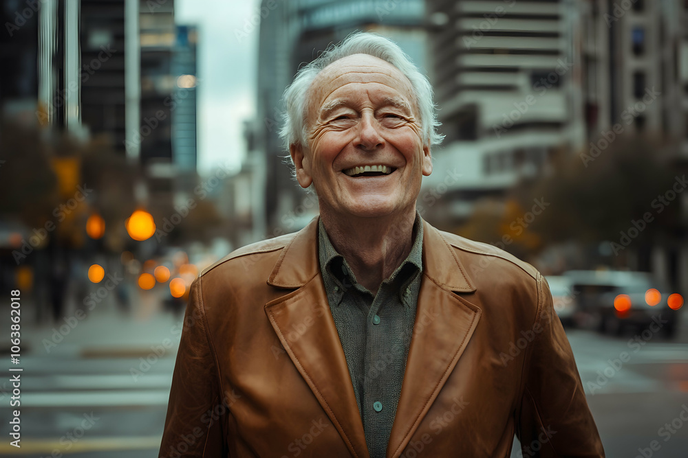Portrait of a joyful elderly man in a leather blazer with a city street backdrop. high quality image Portrait of a joyful elderly man in a leather blazer with a city street backdrop. high quality image