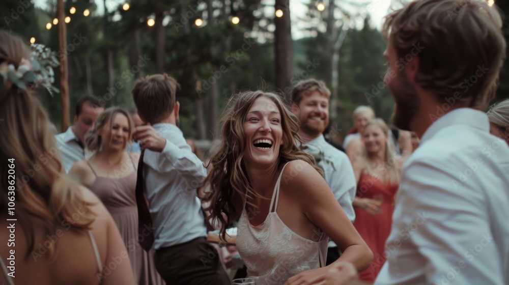 Fototapeta premium A joyful guest at an outdoor wedding smiles broadly while dancing amidst a forest setting.