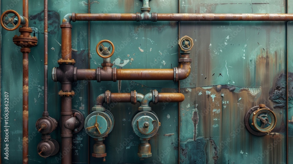 An intricate network of copper and brass pipes resembles a futuristic machine with dark and golden tones. Symmetrical design evokes mystery and depth. An intricate network of copper and brass pipes resembles a futuristic machine with dark and golden tones. Symmetrical design evokes mystery and depth.