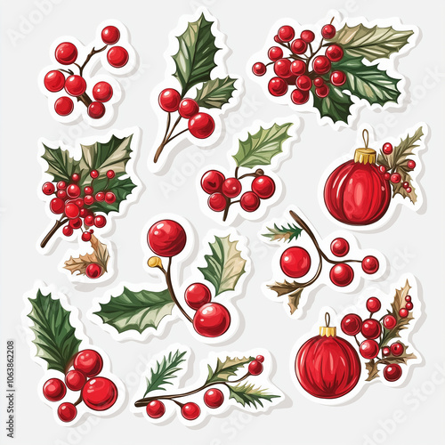 Weihnachtliche Motive mit roten Beeren und Dekorationen, Sticker

