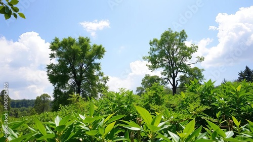 A lush green forest with sunlight filtering through the trees, creating a tranquil and peaceful natural background, fresh, nature photo