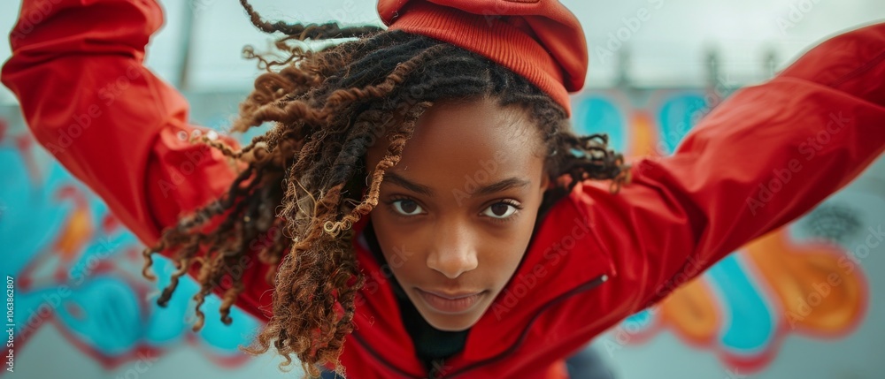 A young woman with curly hair, red jacket, and hat stands in front of colorful graffiti, exuding energy and intensity in an urban setting. A young woman with curly hair, red jacket, and hat stands in front of colorful graffiti, exuding energy and intensity in an urban setting.