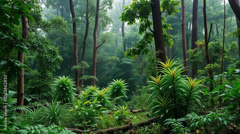 A lush and diverse forest filled with tall trees, vibrant green foliage, and a peaceful ambiance, botanical, explore A lush and diverse forest filled with tall trees, vibrant green foliage, and a peaceful ambiance, botanical, explore