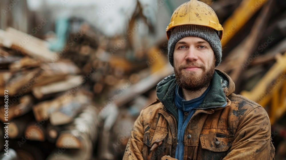 A confident lumber industry worker with a beard and hard hat, wearing winter clothes, smiles at the camera in front of a pile of cut wood. A confident lumber industry worker with a beard and hard hat, wearing winter clothes, smiles at the camera in front of a pile of cut wood.