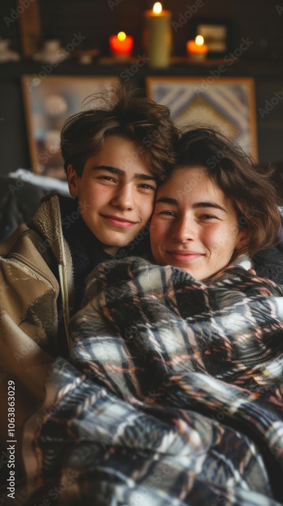 Two young people with curly hair sit on a couch, smiling warmly at the camera. Wrapped in a checkered blanket, they exude friendship and relaxation in a cozy setting with a candle's glow. Two young people with curly hair sit on a couch, smiling warmly at the camera. Wrapped in a checkered blanket, they exude friendship and relaxation in a cozy setting with a candle's glow.