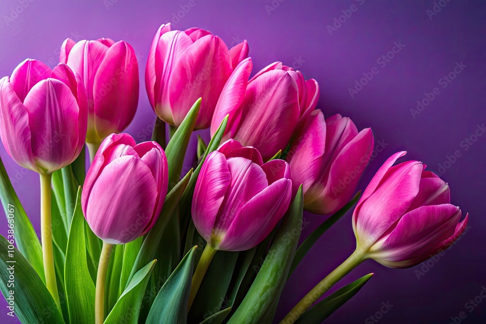 Close-Up of Pink Tulips on Violet Background for Spring Celebrations - Perfect for Women's Day, Mother's Day, and Valentine's Day Card Designs Close-Up of Pink Tulips on Violet Background for Spring Celebrations - Perfect for Women's Day, Mother's Day, and Valentine's Day Card Designs