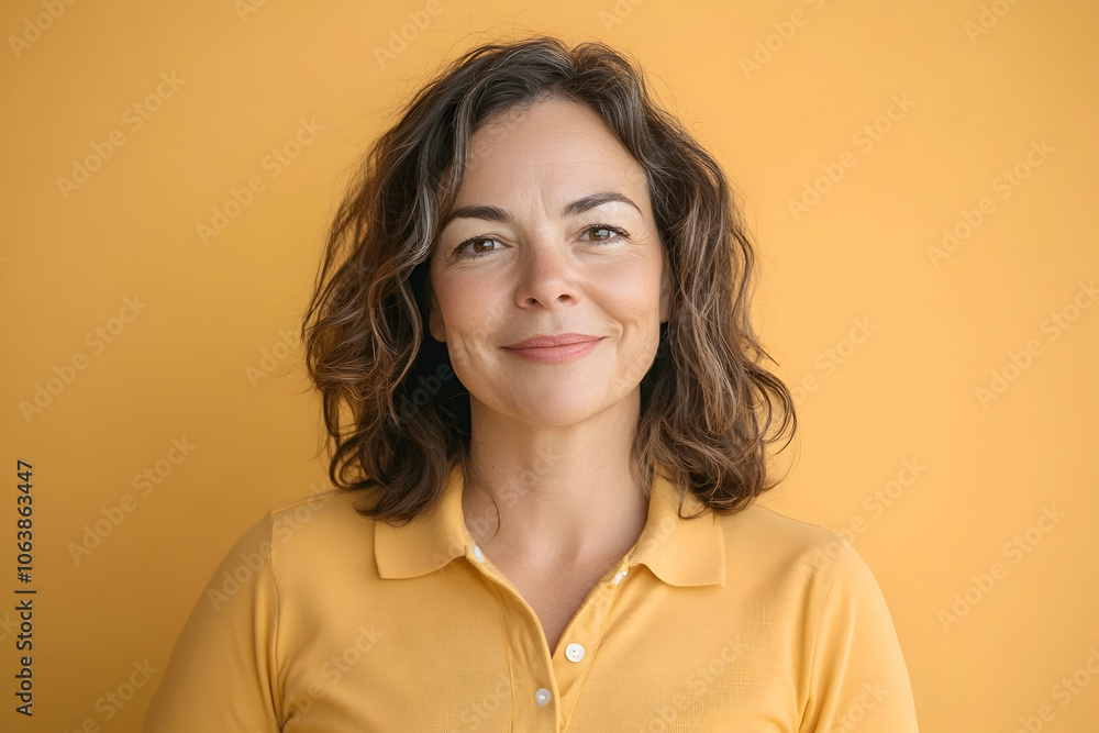 Portrait of a joyful woman in her 40s in a polo shirt on a pastel orange background. 4k high image Portrait of a joyful woman in her 40s in a polo shirt on a pastel orange background. 4k high image