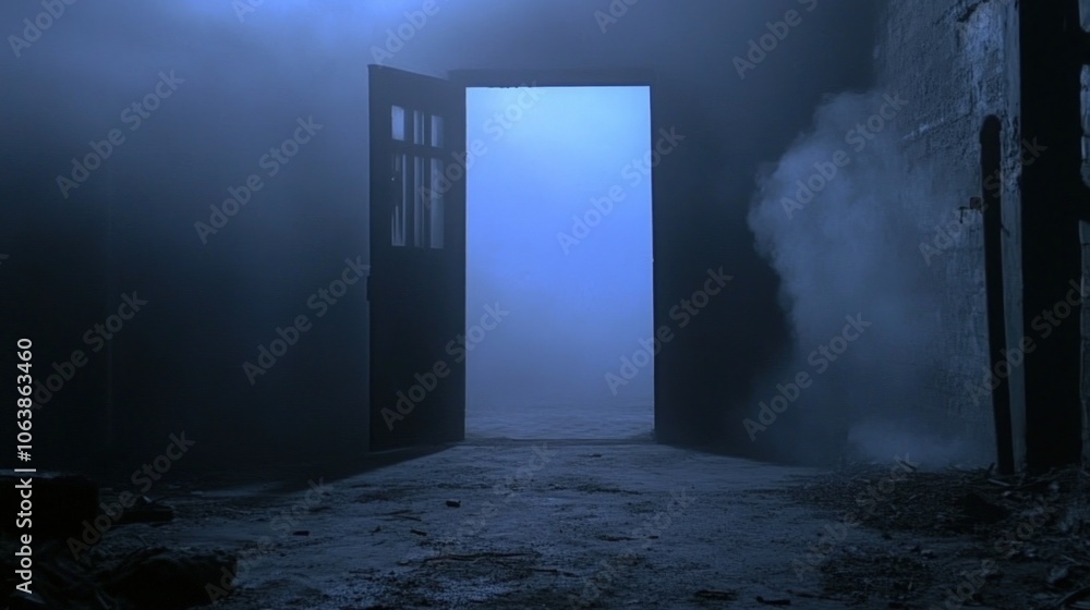 A smoky, mysterious doorway in a dark, abandoned building. A smoky, mysterious doorway in a dark, abandoned building.