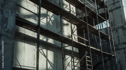 Shadow-draped scaffolding clings to a stark concrete building, revealing the raw beauty of an unfinished architectural endeavor.