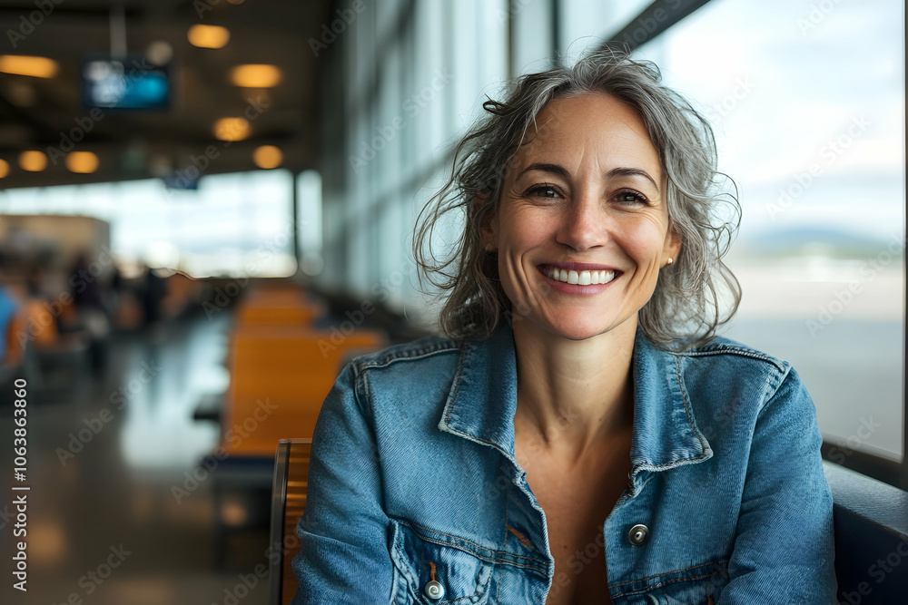 Portrait of a joyful woman in her 40s in a denim jacket in an airport terminal. high quality image Portrait of a joyful woman in her 40s in a denim jacket in an airport terminal. high quality image