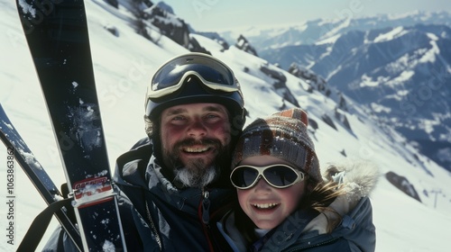 Joyful father and daughter in ski gear share a close moment atop snowy mountain slopes, with blue sky and majestic peaks behind them.