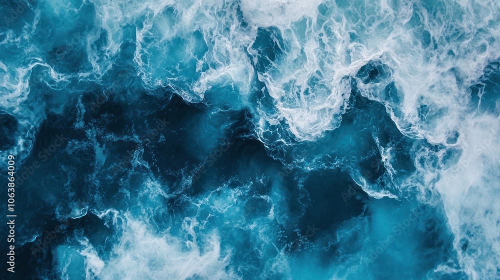 An overhead view of a stormy sea, with whitecaps churning and deep blue water beneath. An overhead view of a stormy sea, with whitecaps churning and deep blue water beneath.