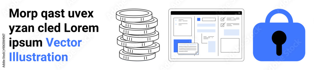 Stacked coins, data management interface, and padlock icon signifying financial security. Ideal for financial services, banking applications, data security, online transactions, cybersecurity Stacked coins, data management interface, and padlock icon signifying financial security. Ideal for financial services, banking applications, data security, online transactions, cybersecurity