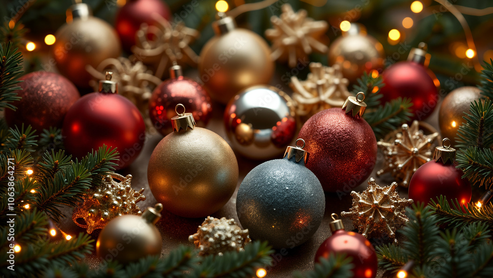 An Elaborate Flat Lay of Exquisite Christmas Ornaments Surrounded by Golden Sprigs and Fairy Lights An Elaborate Flat Lay of Exquisite Christmas Ornaments Surrounded by Golden Sprigs and Fairy Lights