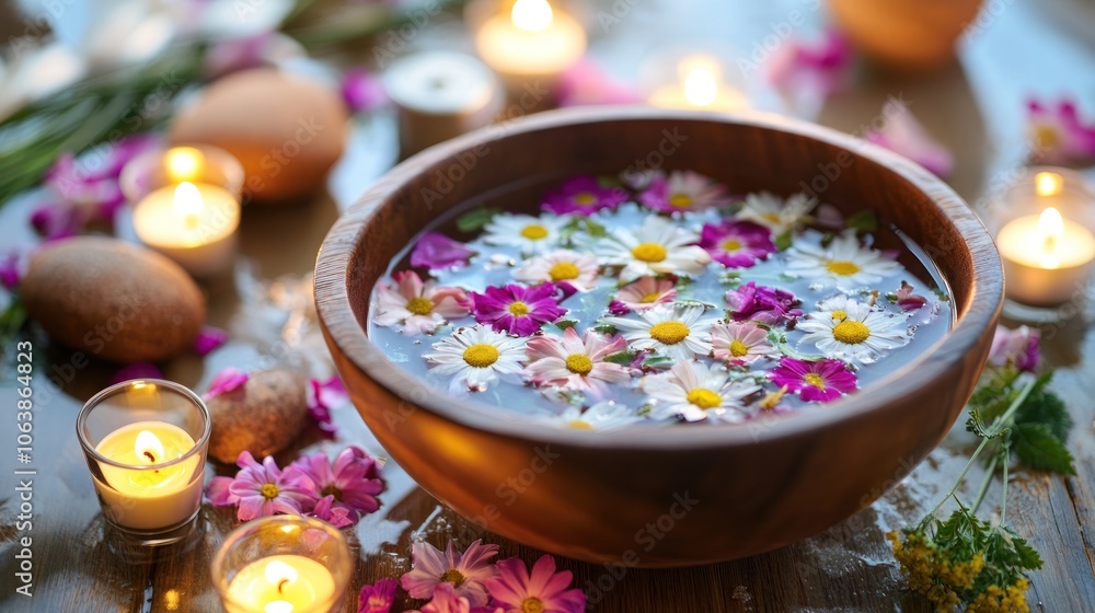 A wooden bowl filled with water and flowers, surrounded by candles and stones on a wooden table. A wooden bowl filled with water and flowers, surrounded by candles and stones on a wooden table.