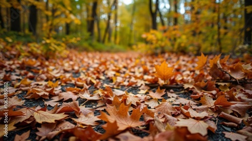 A close-up shot of vibrant orange and red autumn leaves covering the ground, texture, natural