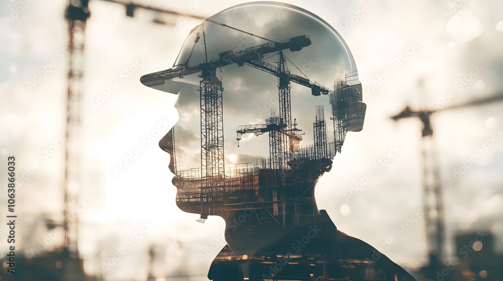 Silhouette of Worker with Construction Overlay Silhouette of Worker with Construction Overlay