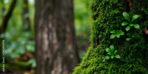 A close-up shot of vibrant green moss growing on a tree trunk in a lush forest environment, plant, organic