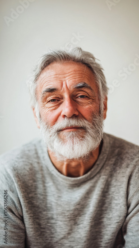 Portrait of a Content Elderly Man with White Beard, Close-up of an elderly man with a gentle smile and white beard, wearing a cozy sweater, radiating warmth and wisdom.