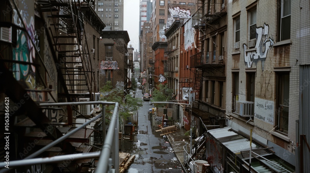 A gritty urban backstreet filled with graffiti, fire escapes, and character, representing the rough yet vibrant essence of city life. A gritty urban backstreet filled with graffiti, fire escapes, and character, representing the rough yet vibrant essence of city life.