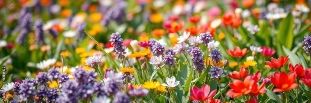 A close-up shot of vibrant blooming flowers in a lush green field during the spring season, botany, spring A close-up shot of vibrant blooming flowers in a lush green field during the spring season, botany, spring