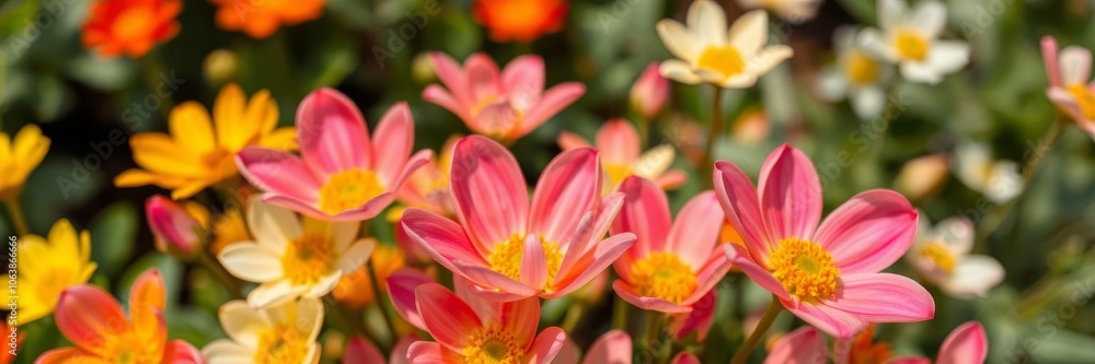 A close-up shot of vibrant and colorful flowers in full bloom against a green garden backdrop, growth, floral A close-up shot of vibrant and colorful flowers in full bloom against a green garden backdrop, growth, floral