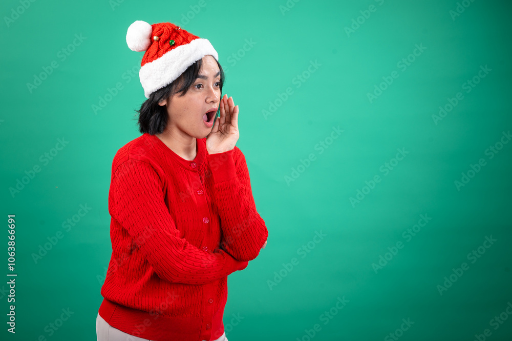 An Asian woman in a red sweater and Santa hat stands against a green background, appearing to shout or call out with her hand cupped around her mouth, expressing excitement and energy An Asian woman in a red sweater and Santa hat stands against a green background, appearing to shout or call out with her hand cupped around her mouth, expressing excitement and energy
