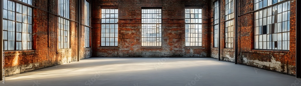 Sunlit Interior of an Old Brick Building with Large Windows Sunlit Interior of an Old Brick Building with Large Windows