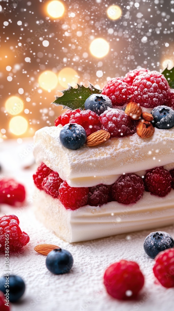 Festive meringue roll topped with berries and almonds against a bokeh backdrop for Christmas cheer Festive meringue roll topped with berries and almonds against a bokeh backdrop for Christmas cheer