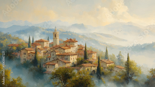 Wallpaper Mural sunlit village overlooking a misty valley with warm light bathing the quaint rooftops Torontodigital.ca