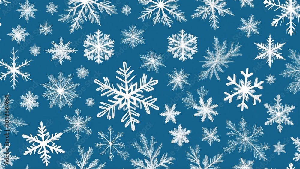 Snowflakes pattern illustration, festive mood, digital art style, white on blue background, winter concept Snowflakes pattern illustration, festive mood, digital art style, white on blue background, winter concept