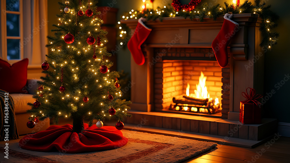 A festive holiday scene features a decorated tree alongside a warm fireplace to evoke feelings of joy and cheerfulness A festive holiday scene features a decorated tree alongside a warm fireplace to evoke feelings of joy and cheerfulness