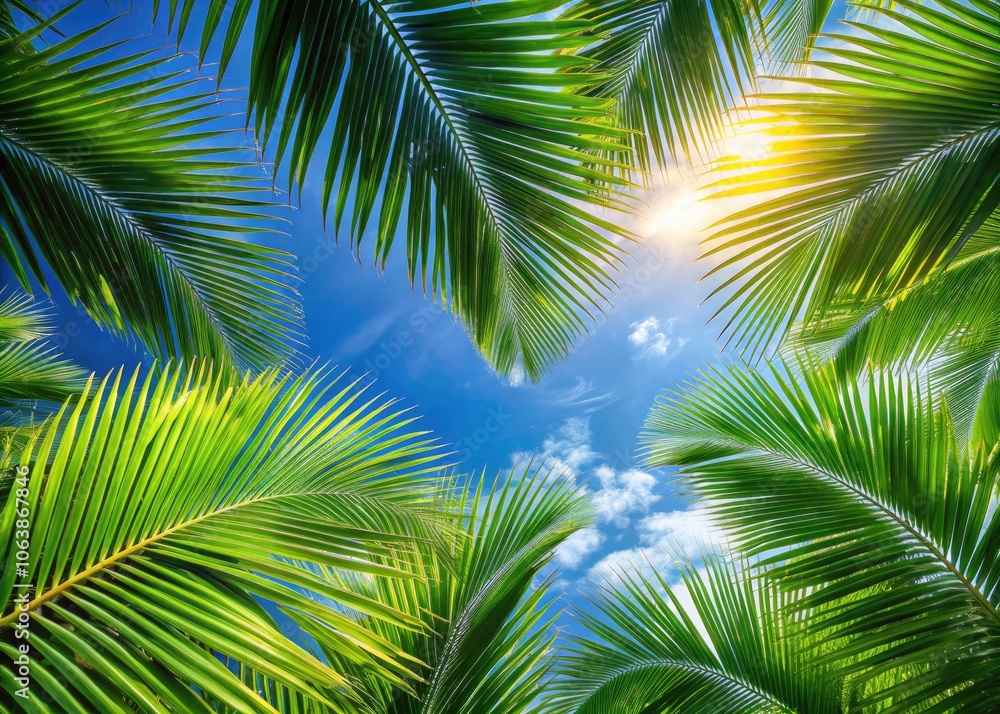 Drone Photography of Palm Leaves Against a Blue Sky - Natural Patterns for Summer Vacation Inspiration, Tropical Tourism, and Relaxation Aesthetic Images Drone Photography of Palm Leaves Against a Blue Sky - Natural Patterns for Summer Vacation Inspiration, Tropical Tourism, and Relaxation Aesthetic Images