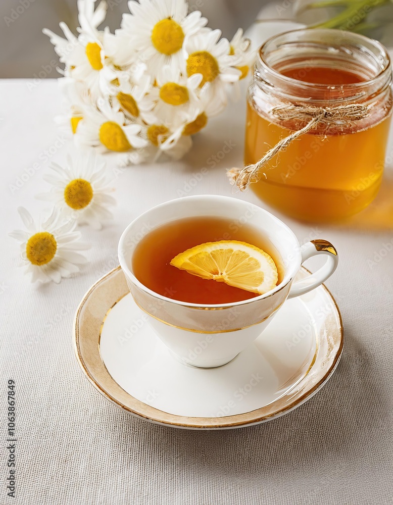 porcelain cup on saucer with tea on kitchen table and bouquet of wild daisies nearby lies on table. chamomile in tea. a slice of lemon and small jar of honey nearby. bright space porcelain cup on saucer with tea on kitchen table and bouquet of wild daisies nearby lies on table. chamomile in tea. a slice of lemon and small jar of honey nearby. bright space