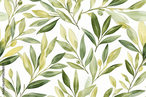 seamless pattern of olive leaves, watercolor style, wallpaper, background