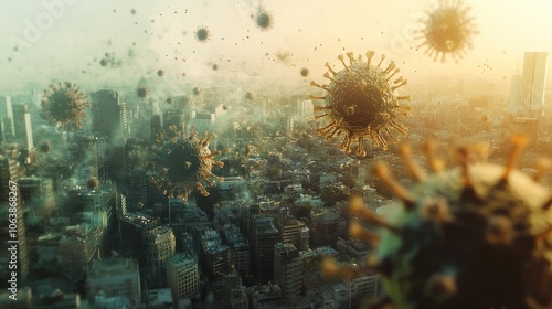 A 3D rendering of a city skyline with a multitude of virus particles floating above it.