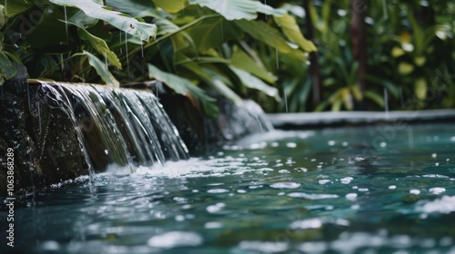 Rainfall cascades over a lush garden waterfall, collecting in a serene turquoise pool, enveloped by vibrant greenery and tranquil ambiance.